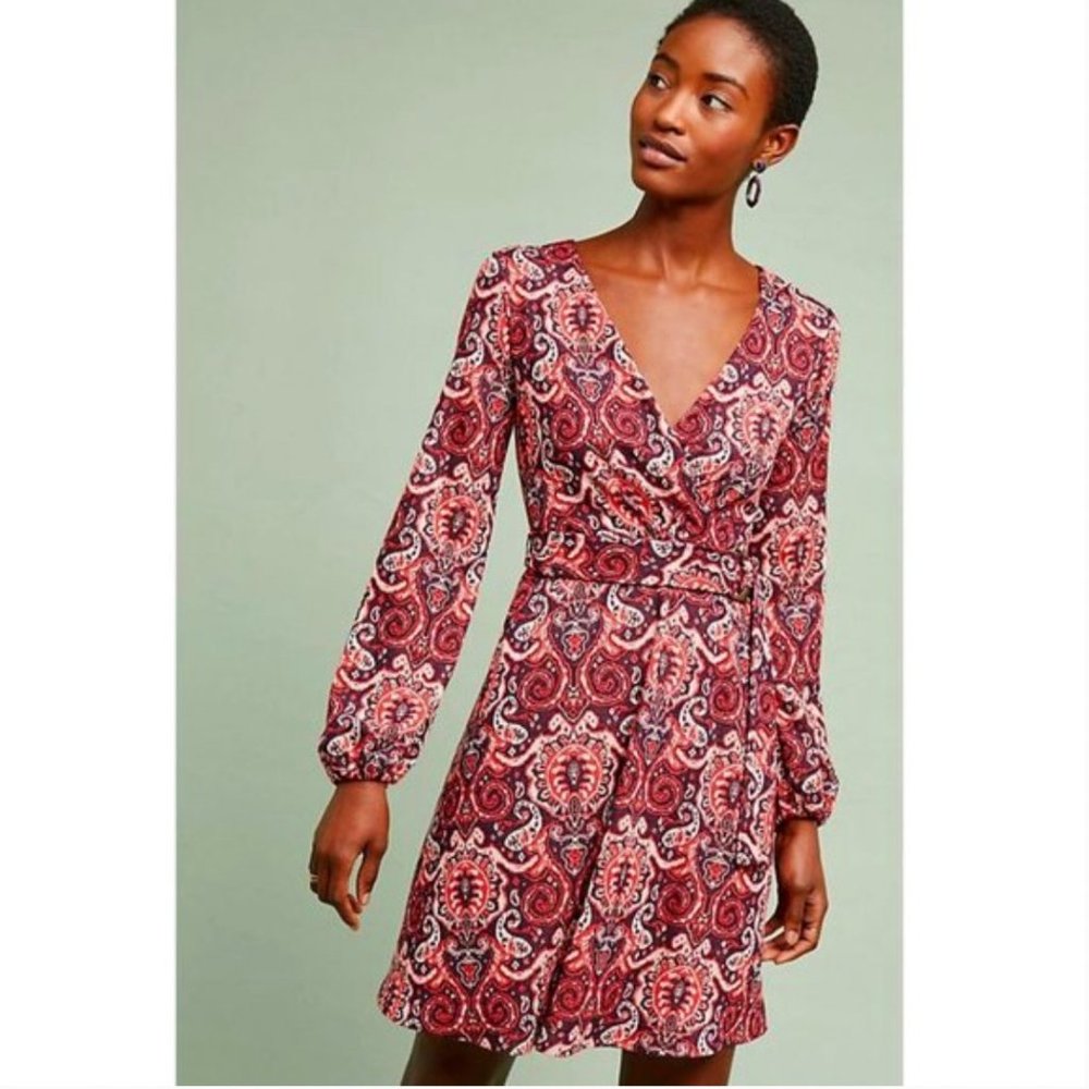 Anthropologie Maeve Paisley Belted Long Sleeve Dress